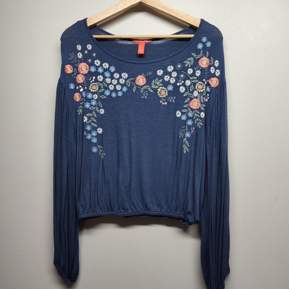 Chelsea & Violet Blouse Top Women S Blue Long Sleeve Floral Embroidery Boho Chic
